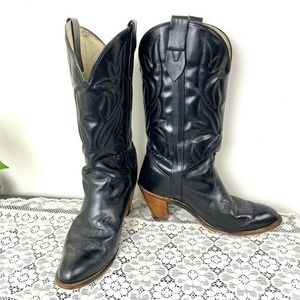 Womens Vintage Capezio Black Leather Western Boots 10 M Cowboy Stacked Heel